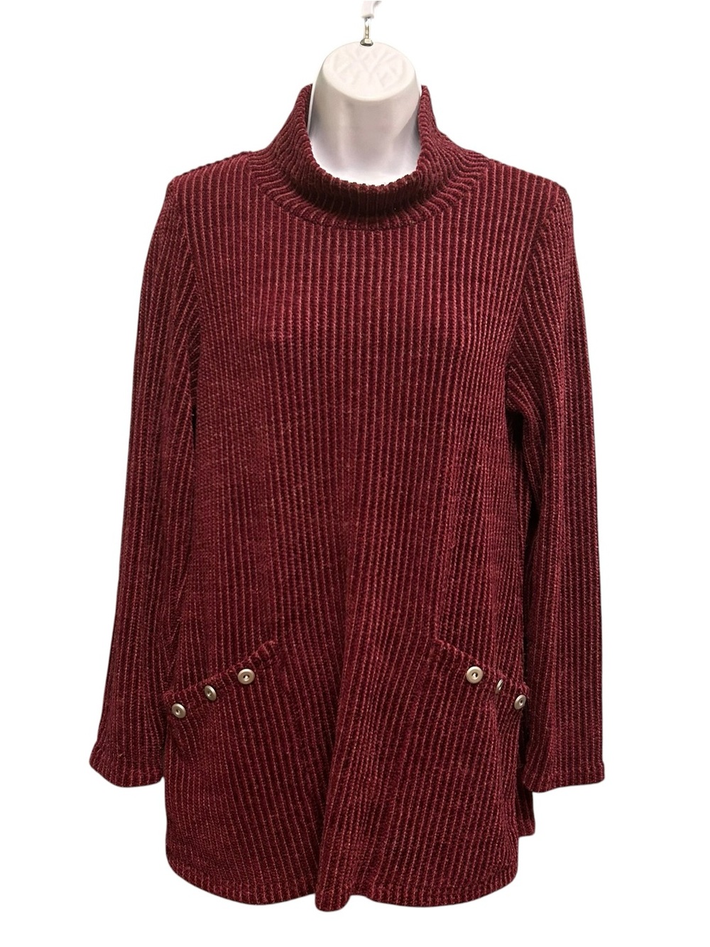 Michael Tyler Burgundy Ribbed Tunic Top Mock Neck Pockets Size S